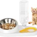 SAROSORA Cat Bowl Set, Double Bowl for Wet Dry Food, with Automatic Water Bottle, 15° Tiltable Food Bowls for Dogs and Cats Cat Feeder