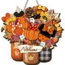 Fall Wooden Wreaths for Front Door Thanksgiving Autumn Pumpkin Welcome Sign Decor Cartoon Mouse Fall Decorations for Home Party Door