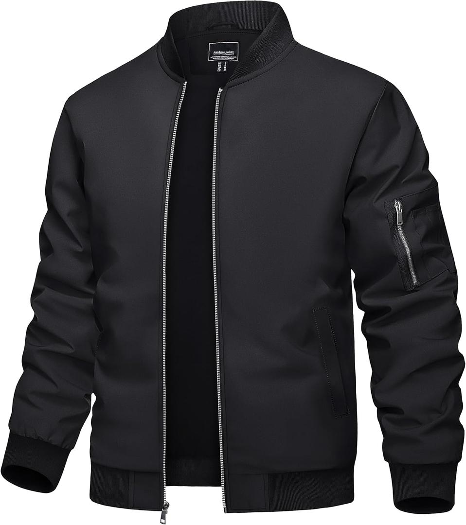 TACVASEN Men's Bomber Jacket Lightweight Casual Spring Fall Windbreaker Zip Up Coat with Pocket (Black), Large