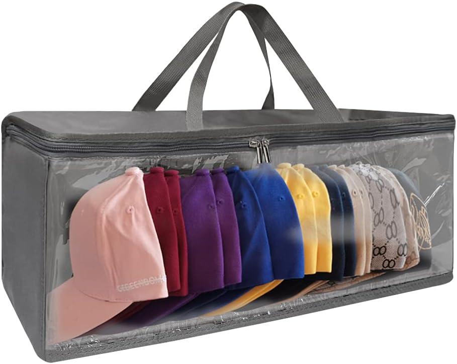 Hat Organizer for Closet, 8.6" Width Widened Design, Large Hat Box, Baseball Cap Storage Bag with Carrying Handles & Lid, Solid Structure with Plastic Boards (Dark Gray)