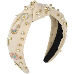 XLSXEXCL Boho Rainbow Daisy Headband - Pearl Knotted Twist Headpiece for Women & Girls, Beige, Sparkly Crystal Rhinestone