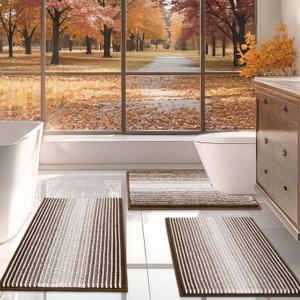 BSICPRO Bathroom Rugs Sets 3 Piece, Toilet Rugs U-Shaped Contour Bath Mat Set, Striped Absorbent Non Slip Chenille Shower Mat, Brown
