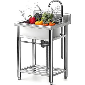 Stainless Steel Utility Sink with Faucet - Freestanding Single Bowl Sink for Commercial Kitchen, Laundry, Garage, Shop, Patio, Outdoor Prep & Wash Sink with Shelf, Fregadero Para Patio Exterior - 23In