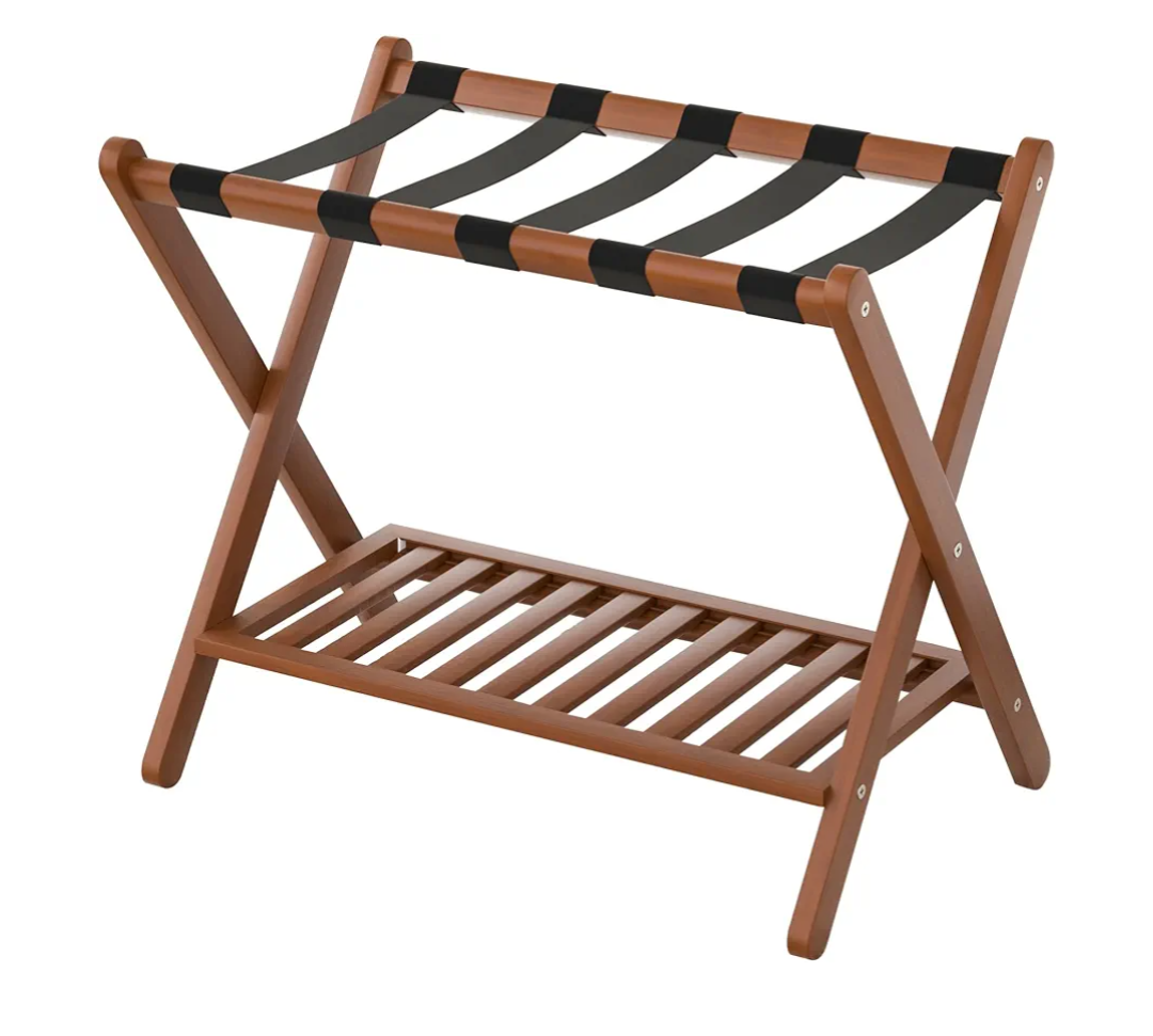 Luggage Racks Suitcase Stand Foldable With Storage Shelf For Guest Room Hotel Essentials Solid Bamboo Heavy-Duty Item Holder Chestnut Brown