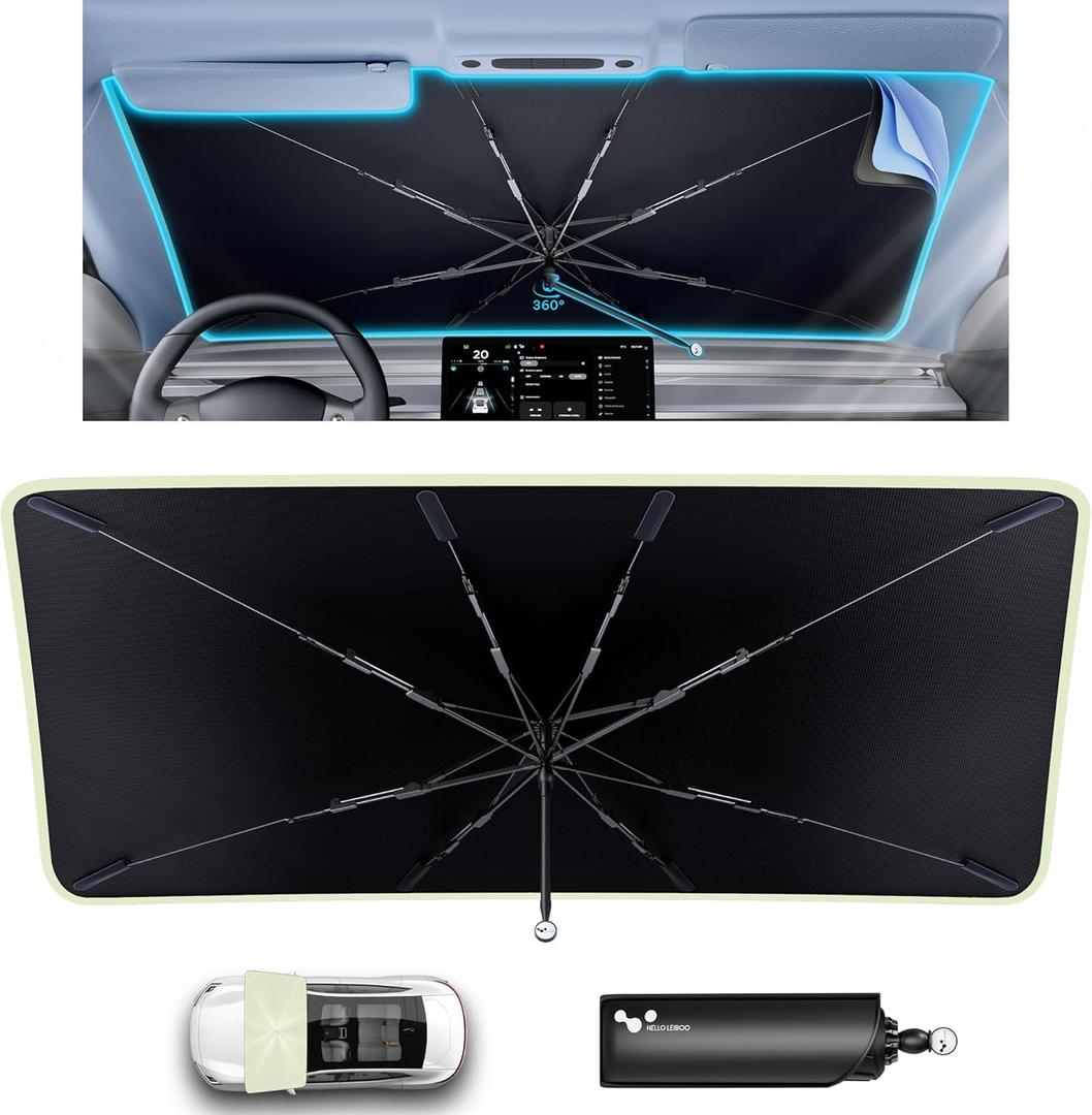 helloleiboo [2025 Upgraded] Car Windshield Sun Shade Umbrella 57"x 32" Windshield Sun Shade Foldable 5-Layer Thickened Vinyl Coating Reflective Polyester Blocks Heat & UV Rays for Medium Car Sedans