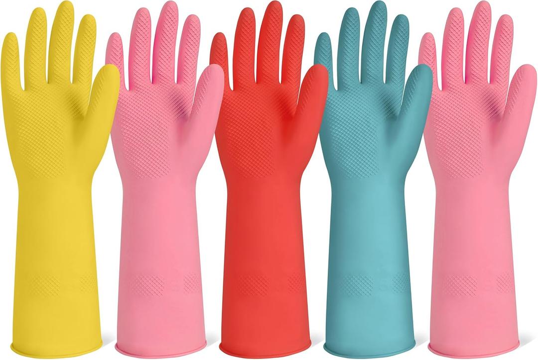 Rubber Cleaning Gloves for Dishwashing-5 Pairs Colorful Reusable Household Cleaning Glove for Washing Dishes and Kitchen Cleaning Non-Slip Grip Dish Gloves for Women Men (Medium)