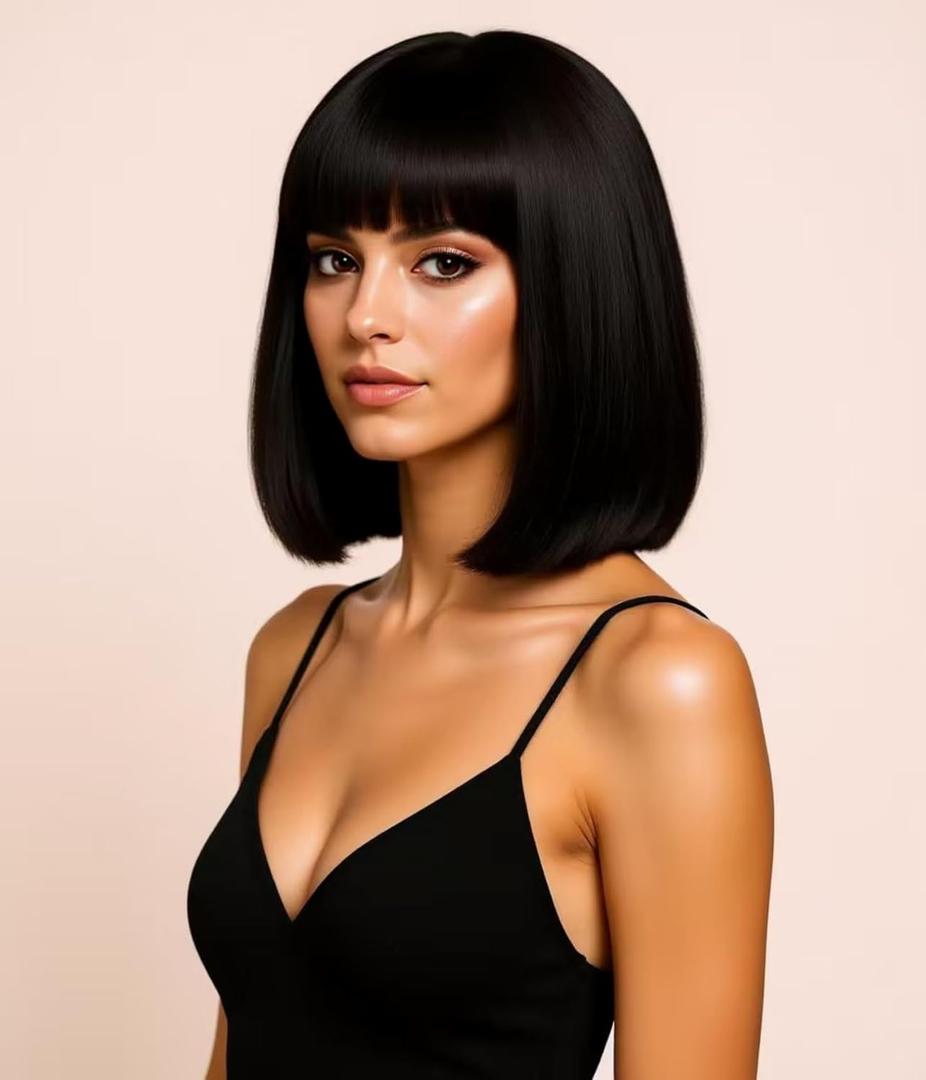 14 Inches Black Wigs for Women Short Straight Bob Wig with Bangs Synthetic Hair for Daily Use,Cosplay, Halloween