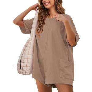 Womens T Shirt Romper Hot Shot Tee Romper for Summer Casual Short Sleeve Oversized Athletic Workout Outfits (Large, Darkkhaki)
