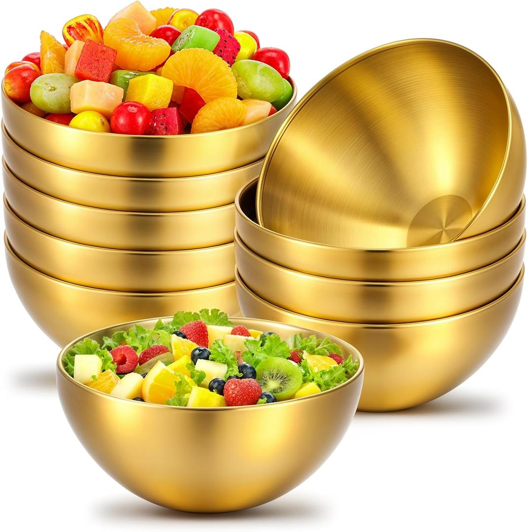Yuanchu 10 Pcs Stainless Steel Bowls, 30 OZ Metal Gold Mixing Bowls 5.9 Inch Gold Serving Bowl for Dessert Salad Cereal Fruit Appetizer Snack Soup Dipping Facial, 5.9x2.7inch