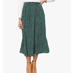 EXLURA Womens High Waist Polka Dot Pleated Maxi Long Skirt Floral Midi Swing Skirt Boho Beach Vacation Outfits with Pockets, L