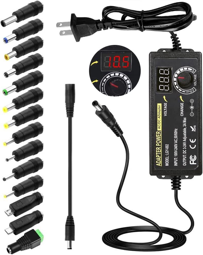 72W Power Supply Adjustable DC 3V ~ 24V Variable Universal Switching AC/DC Adapter 100V-240V AC to DC Converter with LED Voltage Display and 14 Tips, for 3V to 24V Household Electronics - 3000mA Max