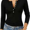 Women 2025 Henley T Shirts Ribbed Button Slim Fit Basic Casual T Shirts Going Out Trendy Outfits Basic Tops Blouse (Black)