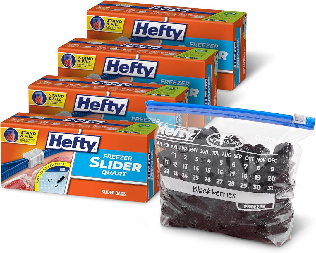 Hefty Calendar Slider Quart Freezer Bags, 140 Count, Quart Slider Bags for Freezer with Calendar Dates, Holds Raw Meat, Fruits, Veggies, and More, Secure Zip and Click Closure