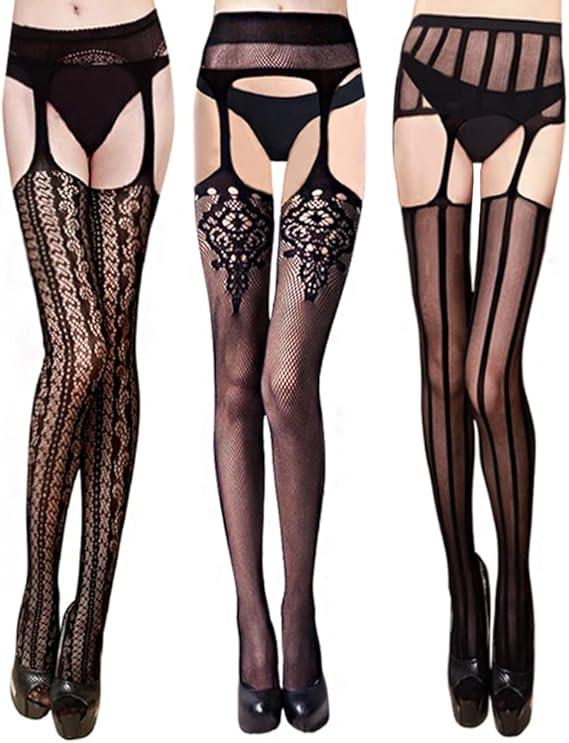 VERO MONTE Women Patterned Fishnet Tights Black Fishnets Net Stockings Pantyhose,  Color Black, Thigh High Modern Combo, Black, 3 Pairs 3 Styles