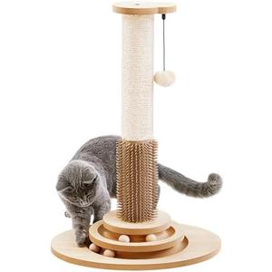 Made4Pets 23" Tall Sisal Cat Scratcher Post with Self Groomer, 4-in-1 Interactive Trackball Toys, Vertical Climbing Tree with Dangling Balls