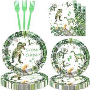 80 Pcs Watercolor Dinosaur Birthday Decorations Green Dino Paper Dinner Plates Napkins Forks Dinnerware for Dinosaur Theme Baby Shower Boys 1st 2nd 3rd 4th Birthday Party Supplies