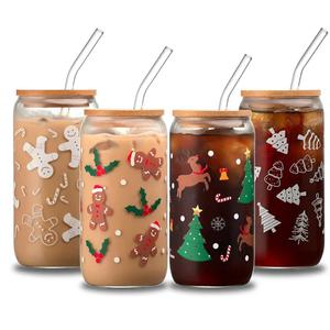 Christmas Glass Cups Set of 4, 16oz Mason Jar Mugs with Lid and Straw, Holiday Drinking Tumblers for Iced Coffee, Decorative Glasses and Gift Set for Women and Men