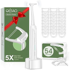 Electric Flosser for Teeth, Water Flosser Alternative with 5 Speeds + 54 Refill Heads, 5X Cleaning & 60 Day Battery Life, Oscillation Gliding for Sensitive Gum Care, Dentist Recommended - White