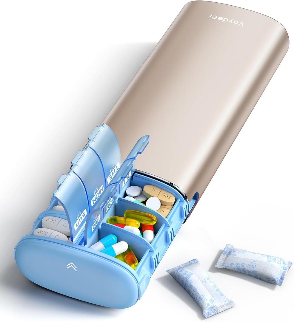 Vaydeer Metal 7 Day Pill Organizer 2 Times a Day  AM PM Weekly Travel Pill Case with Moisture-Proof Desiccant, Airtight Large Capacity Pill Box for Vitamins, Medications & Supplements (Champagne)