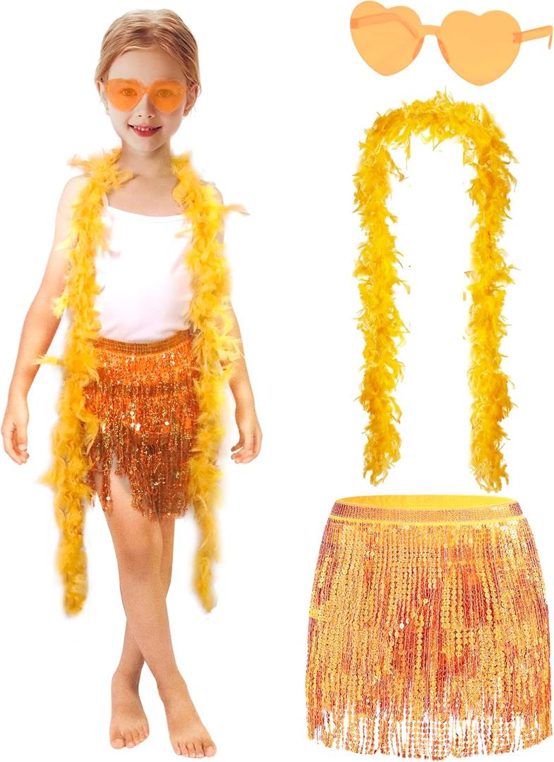 Girls Sequin Skirt Kids Fringe Tassel Skirt Feather Boa Sunglasses Belly Dance Rave Disco Tutu for 3-12Y (Gold Sets)