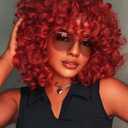 GKtineke Short Curly Wig with BangsFull Loose Curly Wigs for Black Women Big Curly Wig Soft Fluffy Natural Synthetic Hair for Daily and Party (Burgundy)