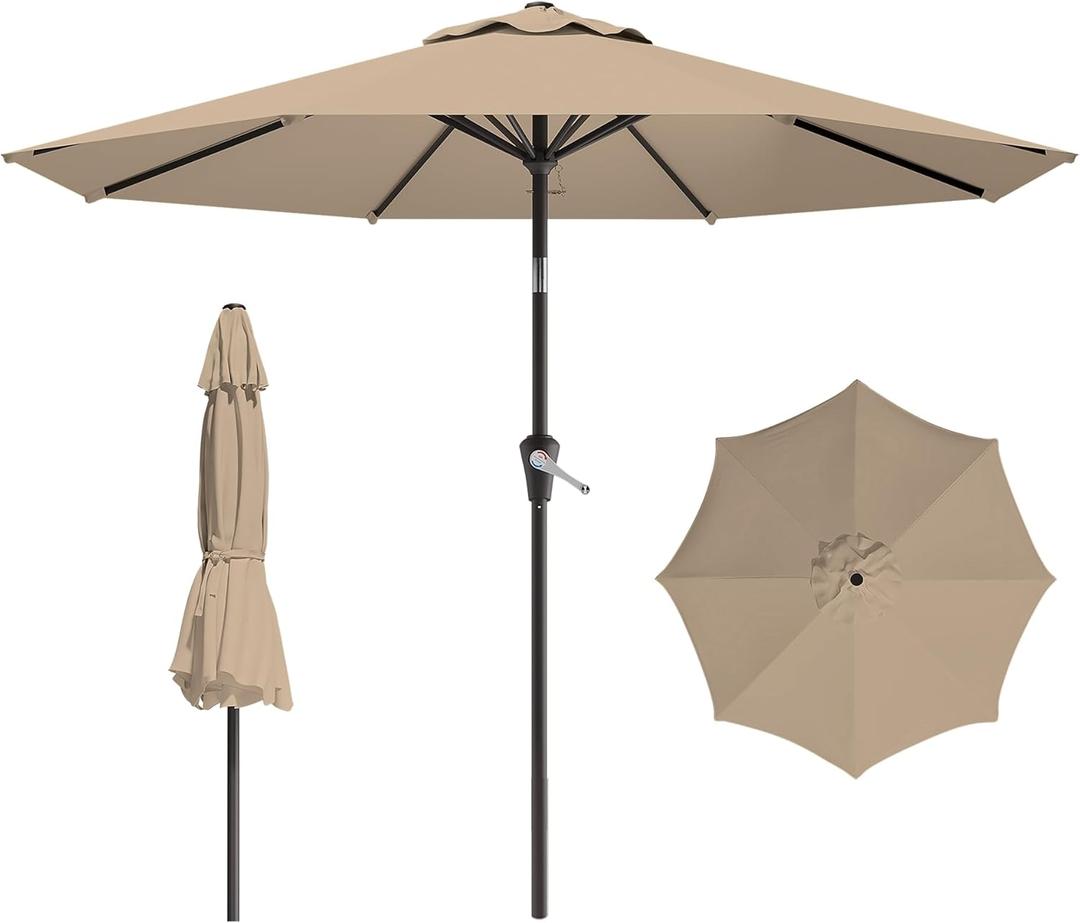 9 FT Patio Umbrella for Outdoor, Outdoor Umbrella with Push Button Tilt and Crank, Outdoor Patio Umbrellas with 8 Sturdy Ribs for Market, Garden, Deck, Backyard, Pool (Khaki)