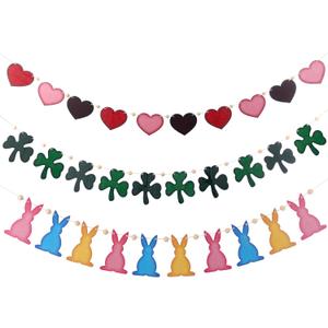 3 Pcs Easter Garlands Wood Bead Bunny Clover Heart Garlands for Easter St. Patrick's Day Valentine's Decorations Spring Wood Hanging Bunny Clover Heart for Mantle (Vintage Style)