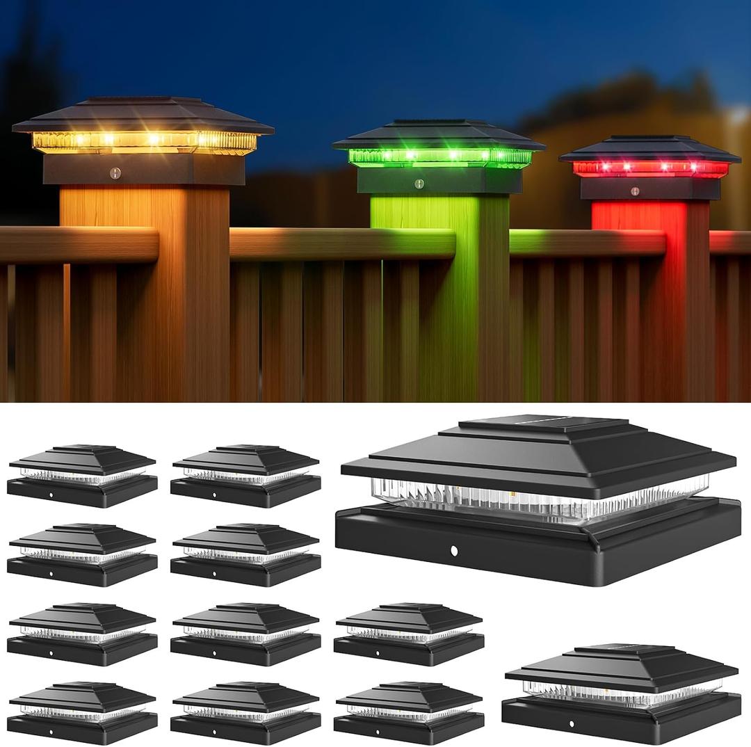 APONUO Solar Post Cap Lights Color Changing 12 Pack - RGB 8 Solid & Gradient Colors, IP65 Waterproof, for 4x4 5x5 6x6 Wood Vinyl Fences, Deck, Patio, Yard (Black)
