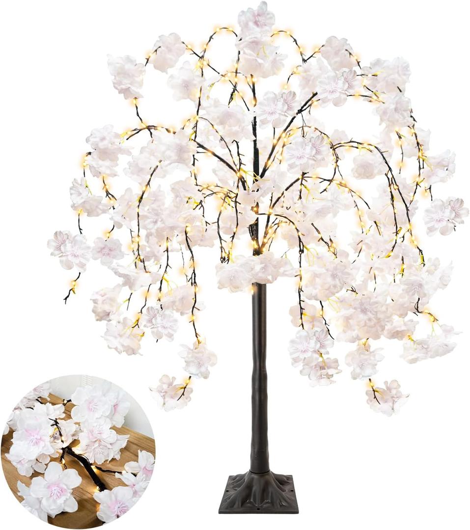 obbsie 4FT Cherry Blossom Tree with 360 LED Fairy Lights Artificial Lighted Tree with 8 Lighting Modes Light Up Pink Tree with Faux Flowers for Spring Wedding Party Indoor Outdoor Decor