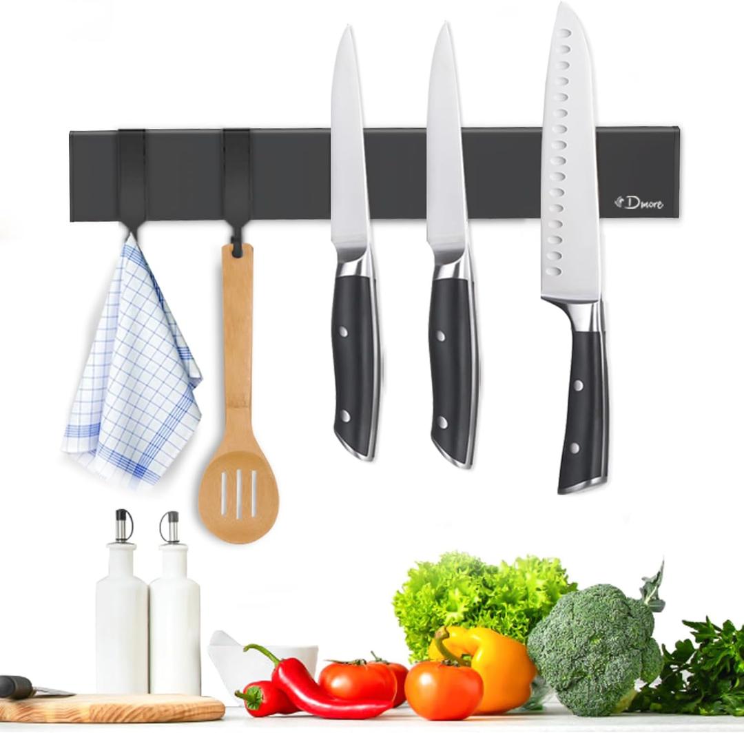 Dmore magnetic knife holder for wallwith 2 hooks, No Drilling 10 Inch black knife magnetic strip, Powerful knife magnet rack, include Adhesive Tape and screws for Knives, Utensils, and Tools
