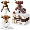 4 Pcs Highland Cow Bathroom Decor Wooden Farmhouse Highland Cow Decoration Western Hello Sweet Cheeks Table Centerpiece Block Signs for Party Bathroom Kitchen Home Dining Table Tiered Tray Shelf Decor