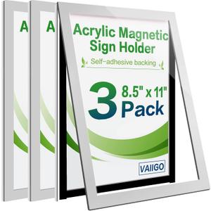 Acrylic Sign Holder 8.5" x 11" Wall Mount, Self Adhesive Magnetic Display Frame with Nano Tape, Plastic Clear Document Frame for Office, Store, School, Home, Wall Picture Frame (Silver, 3Pack)
