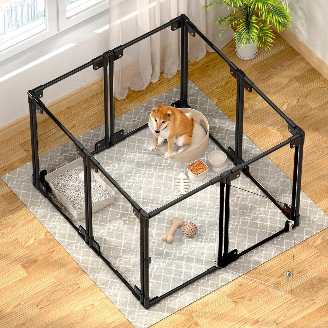 Clear Acrylic Dog Playpen with Door | 35x35x25 Inch Adjustable Pet Playpen | Instant Setup Indoor Dog Pen for Small/Medium Dogs | Hexagon, Octagon Configurations (Black, 8)