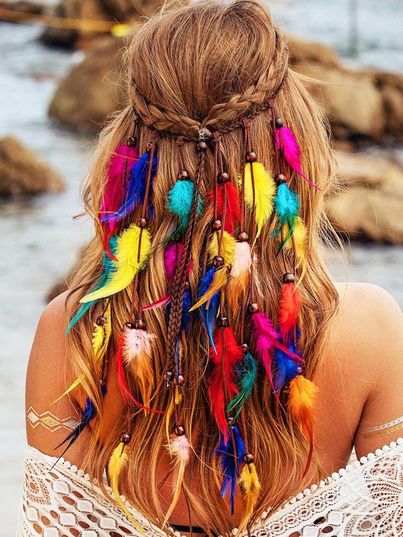 Hippie Headbands Rainbow Hair Accessories Boho Indian Feather Headband for Women