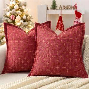 ZWJD Christmas Pillow Covers 22x22 Set of 2 Soft Polyester Textured Pillows with Stylish Flange Edge Cozy Farmhouse Christmas Decor for Couch Bed Sofa Living Room (Red)