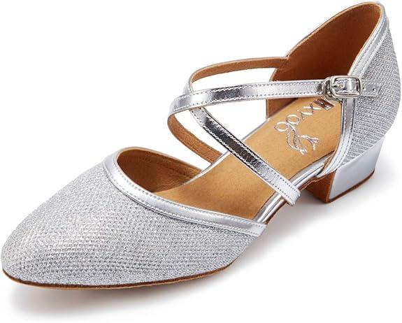 Closed Toe Low Heel Glitter Ballroom Dance Shoes for Women Salsa Latin Wedding Party 1 1/2 Heel S11-1 (8)
