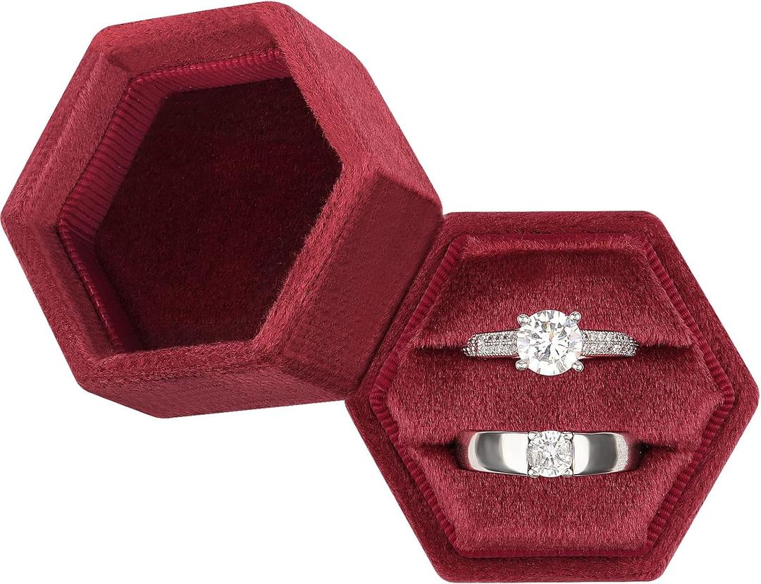 DesignSter Hexagon Velvet Ring Box - Premium Gorgeous Vintage Double Ring Display Holder with Detachable Lid for Proposal, Engagement, Wedding, Ceremony(Deep red) (5* 4.5* 4.5cm)