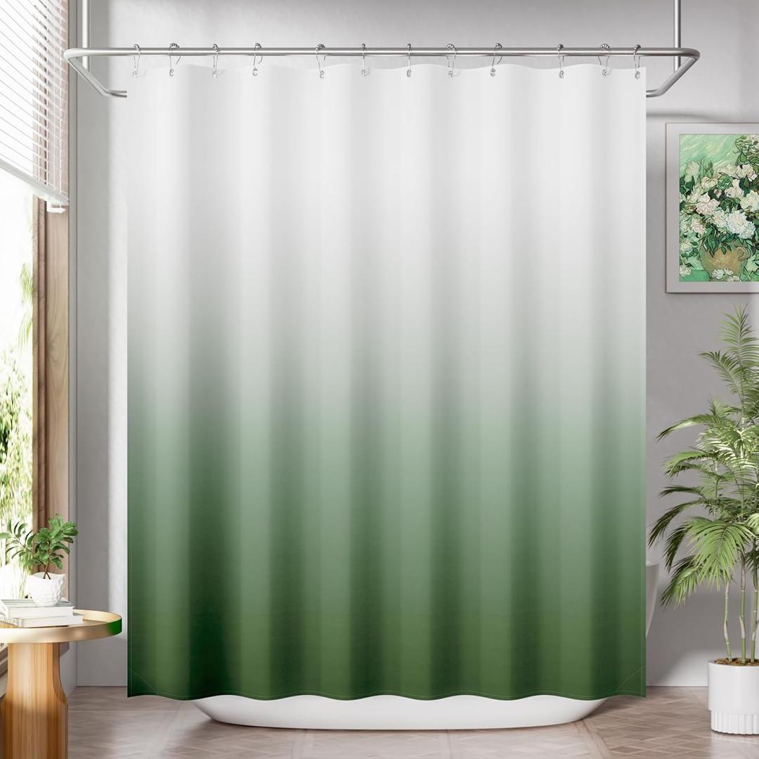 AmazerBath Fabric Shower Curtain Set, Ombre Grass Green Shower Curtain with 12 Shower Curtain Hooks, Rustic Cloth Green and White Shower Curtain, Cute Washable Bathroom Shower Curtain, Inches (36x72")(Pack of 1), A- Green Ombre +12 Metal Hooks)