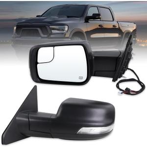 Left Driver Side Mirror Compatible With 2019-2025 Ram 1500 With Power Folding Power Glass Heated Turn Signal Puddle Lights Temperature Sensor Matte Black Replace#68462769AB(14Pins)