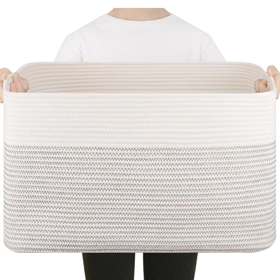 75L Large Blanket Basket, Cotton Rope Woven Storage Basket for Living Room, Toy Bin for Kids, Bedroom, Nursery, Baby Room Decorative Organizer, 22''17''12'', Black & White