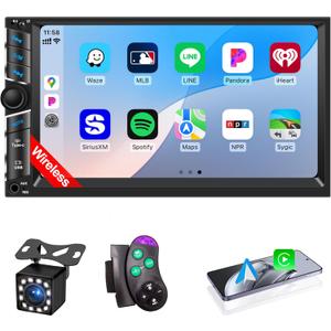 7'' Double Din Car Stereo with Wireless Apple CarPlay & Android Auto, Car Audio Receivers, IPS Touch Screen FM Radio, Mirror Link, Bluetooth 5.2, SWC, HD Backup Camera, GPS Navigation, TF/USB/AUX