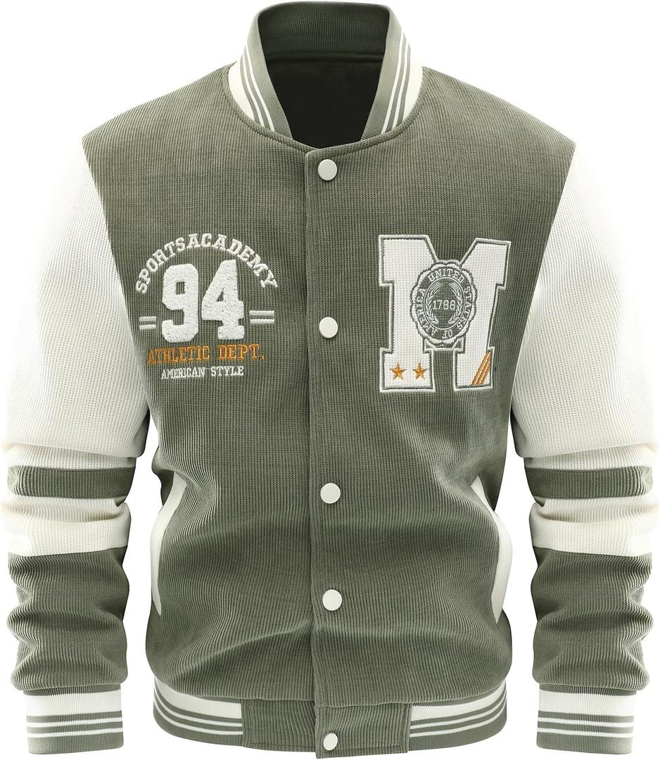Men's Corduroy Varsity Jacket College Letterman Baseball Bomber Jackets Lightweight Fashion with Graphic Print (Small, Green)