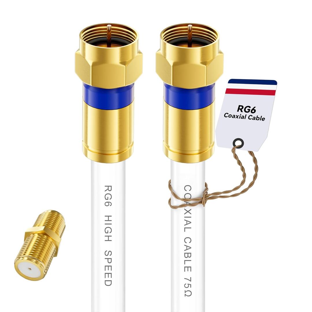 Coaxial Cable 6ft, RG6 Coax Cable Extender with Gold F-Type Connector, High Speed Internet for HD TV, Modem, Digital Antenna, Satellite, White(6ft)