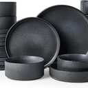 Famiware Star Dinnerware Set with Pasta Bowls, Service for 6 (24 Pieces), Ribbed Stoneware Plates and Double Bowls Sets - Chip & Scratch Resistant, Microwave & Dishwasher Safe, Matte Dark Charcoal