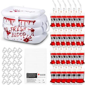 Soulchen Halloween Inflatable Cooler with 24 Blood IV Bags for Drinks, Spooky Hospital-inspired Drink Cooler and Reusable Drink Pouches for Halloween Zombie Vampire Party, Nurse Graduation Decorations