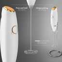 Milk Frother White - Coffee Frother Handheld with Electric Whisk - 19000 rpm - Book Recipes and Stainless Steel Stand Included - Hand Mixer Electric (White and Gold)