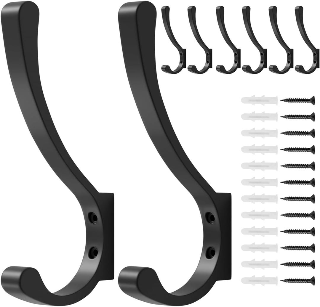 saffruff 8-Pack Wall Mount Coat Hooks, Heavy Duty Metal Hooks for Hanging Clothes, Backpack, Bag,Towel & Jacket, Strong 30 lbs Hold Closet Hanger, Black