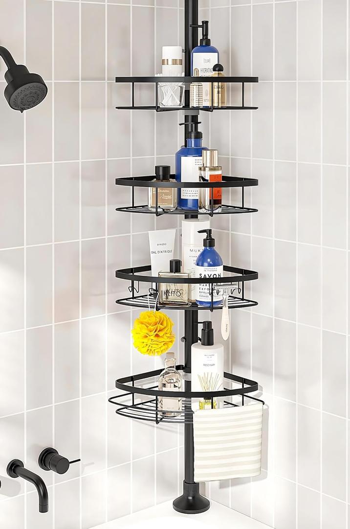 SEIRIONE Corner Shower Caddy Tension Pole, Rustproof Bathroom Shower Organizer Corner, 4-Tier Adjustable Bathroom Shelf, Solid Rack Ideal for Bathtub Storage, 39.2 to 113 Inch Height, Black (Dark Black)
