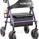 HOMLAND Walkers for Seniors with Seat, Foldable Rollator Walker, Reinforced Aluminum Frame, 8" Big Rubber Wheels for All Terrain, Height Adjustable Lightweight Rolling Walker