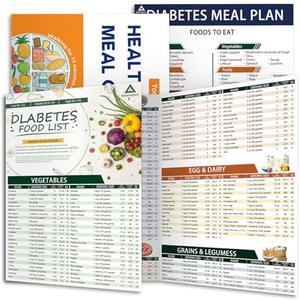 3-Pack Diabetes Food List & Meal Planner for Type 1/2 Diabetics - Laminated Low Carb Recipes, 400+ Carbs/Calories/GI Charts + Food to Avoid/Eat, Grocery Shopping List & Blood Sugar Care Guide (18 Pages)